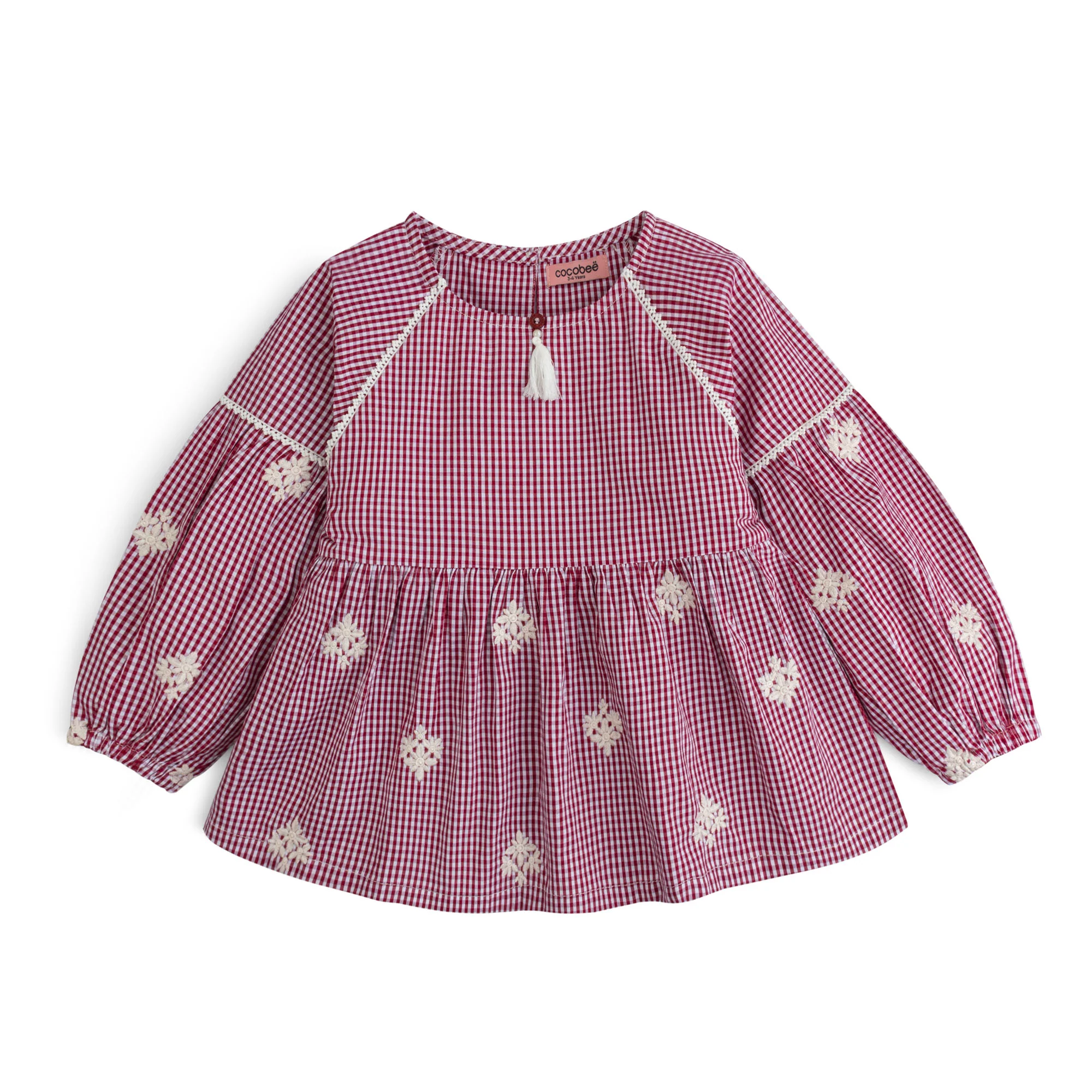 Berry Check Embroidered Top