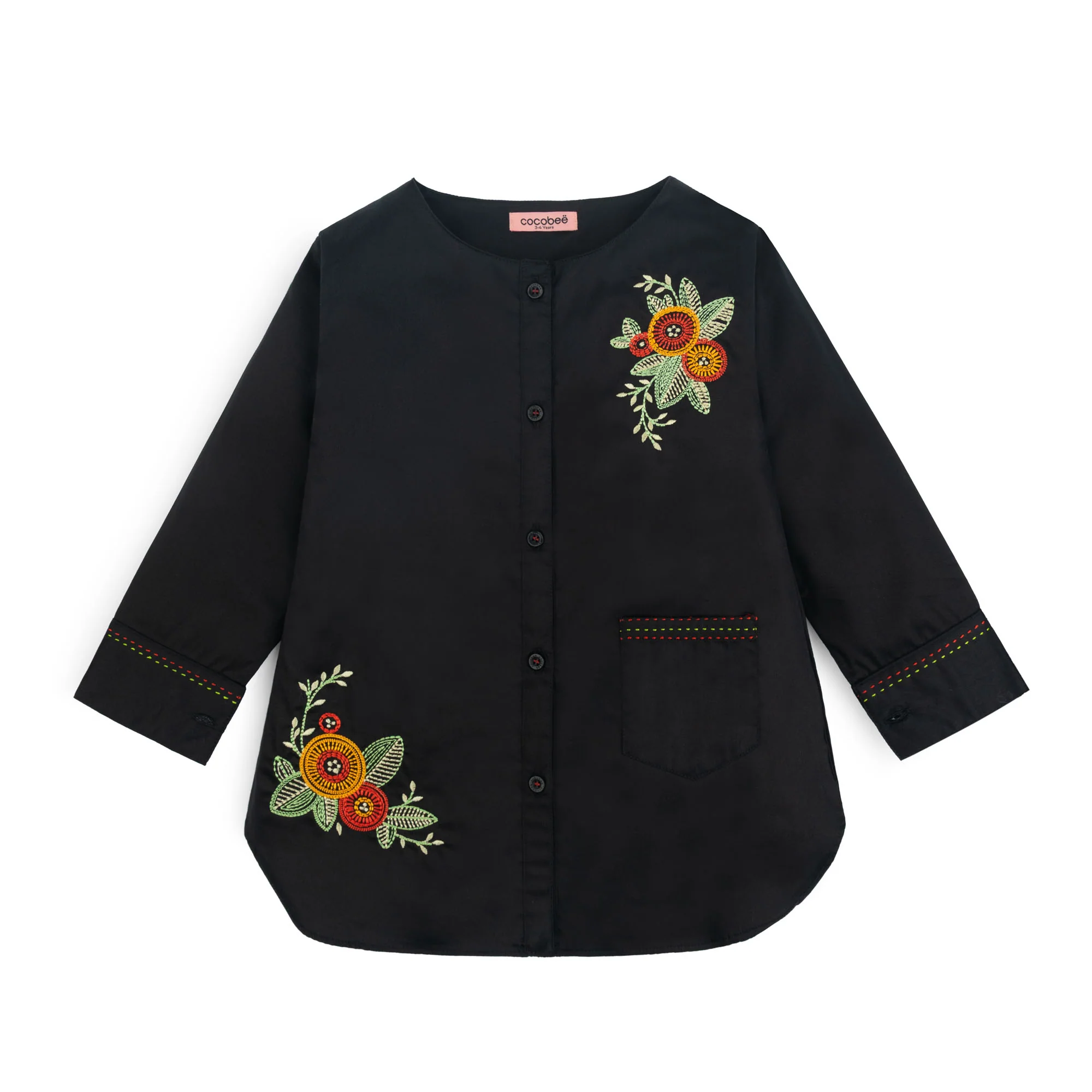 Black Embroidered Floral Button-Down Top