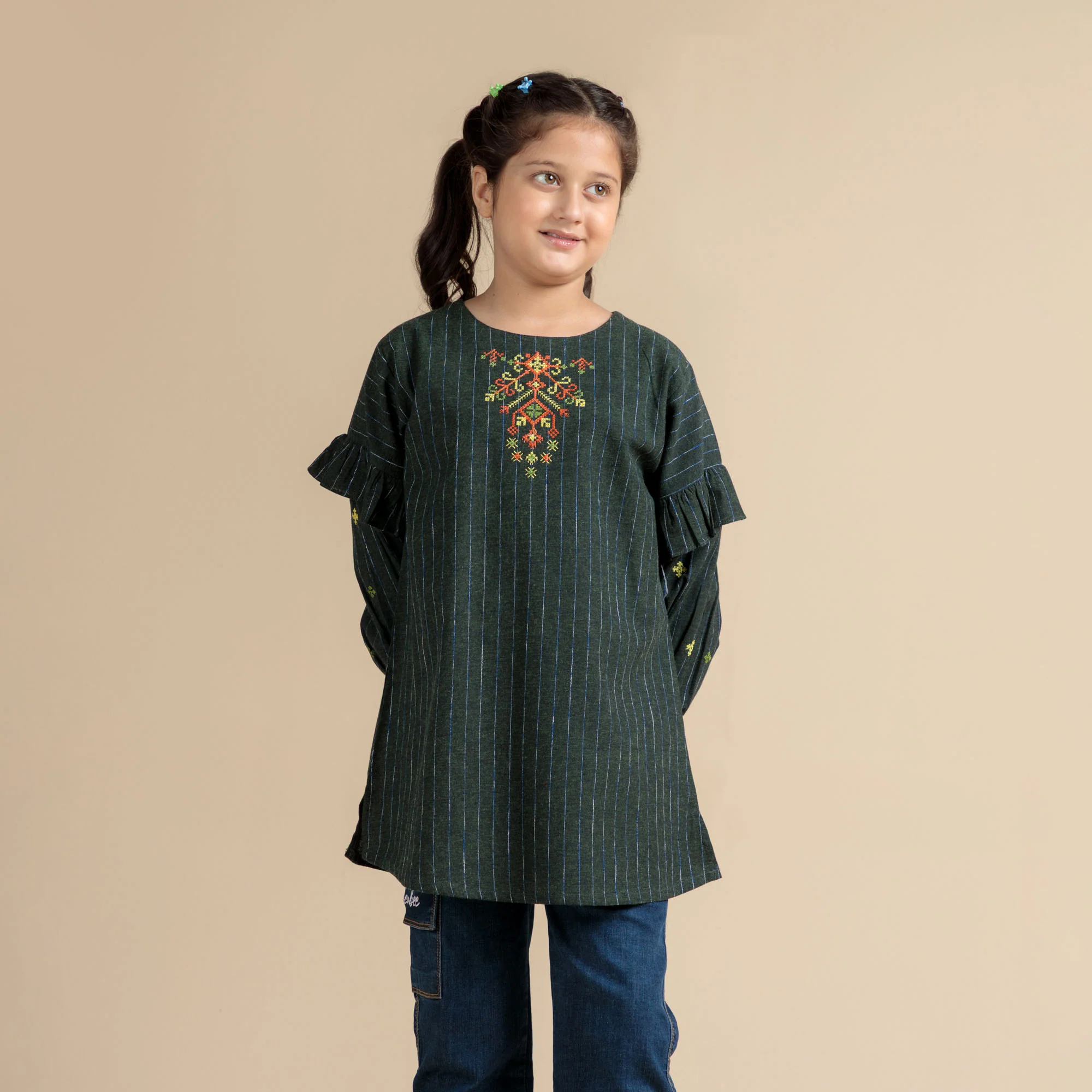 Green Stripe Embroidered Top