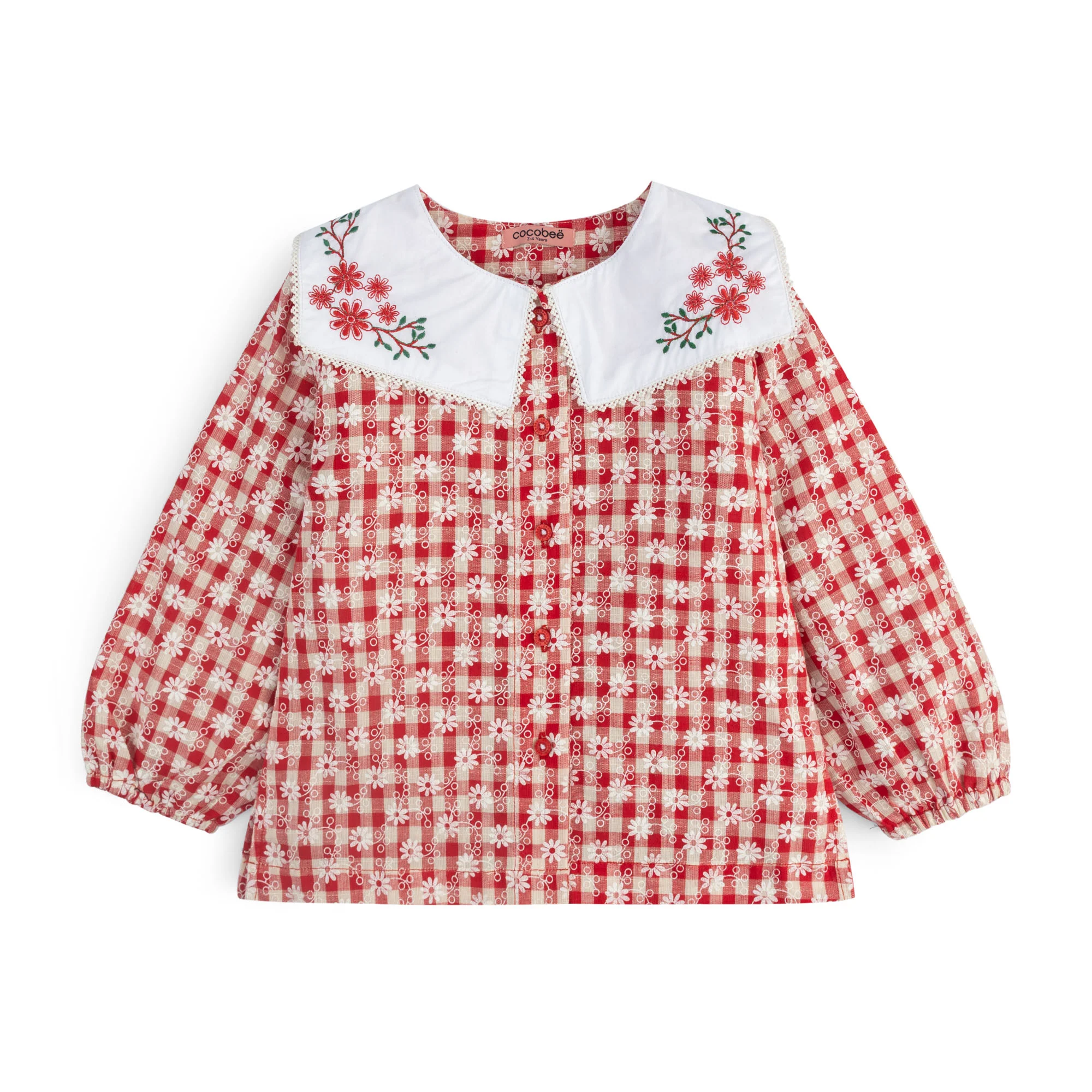 Floral Check Embroidered Collar Top