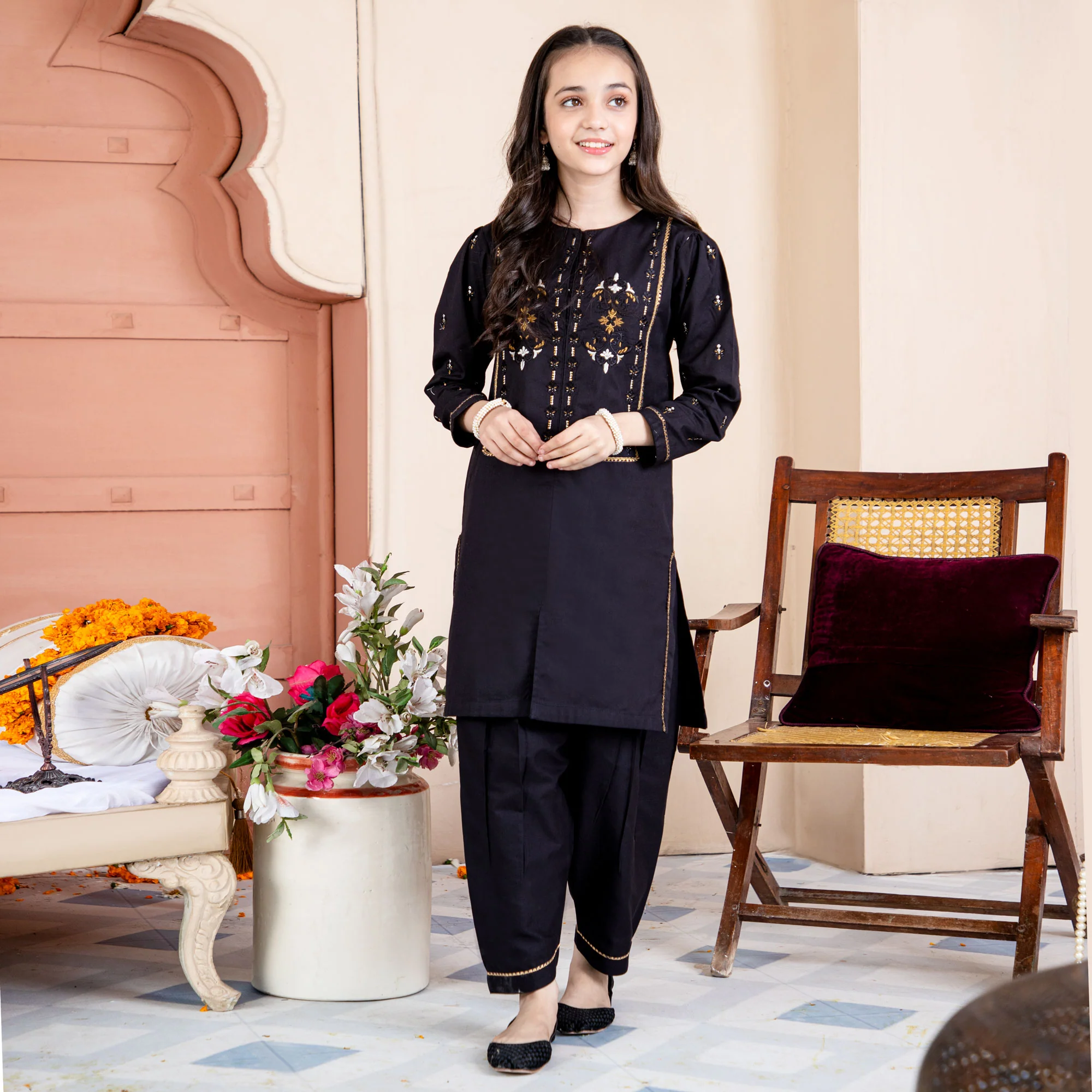 Black Charm Embroidered Two-Piece