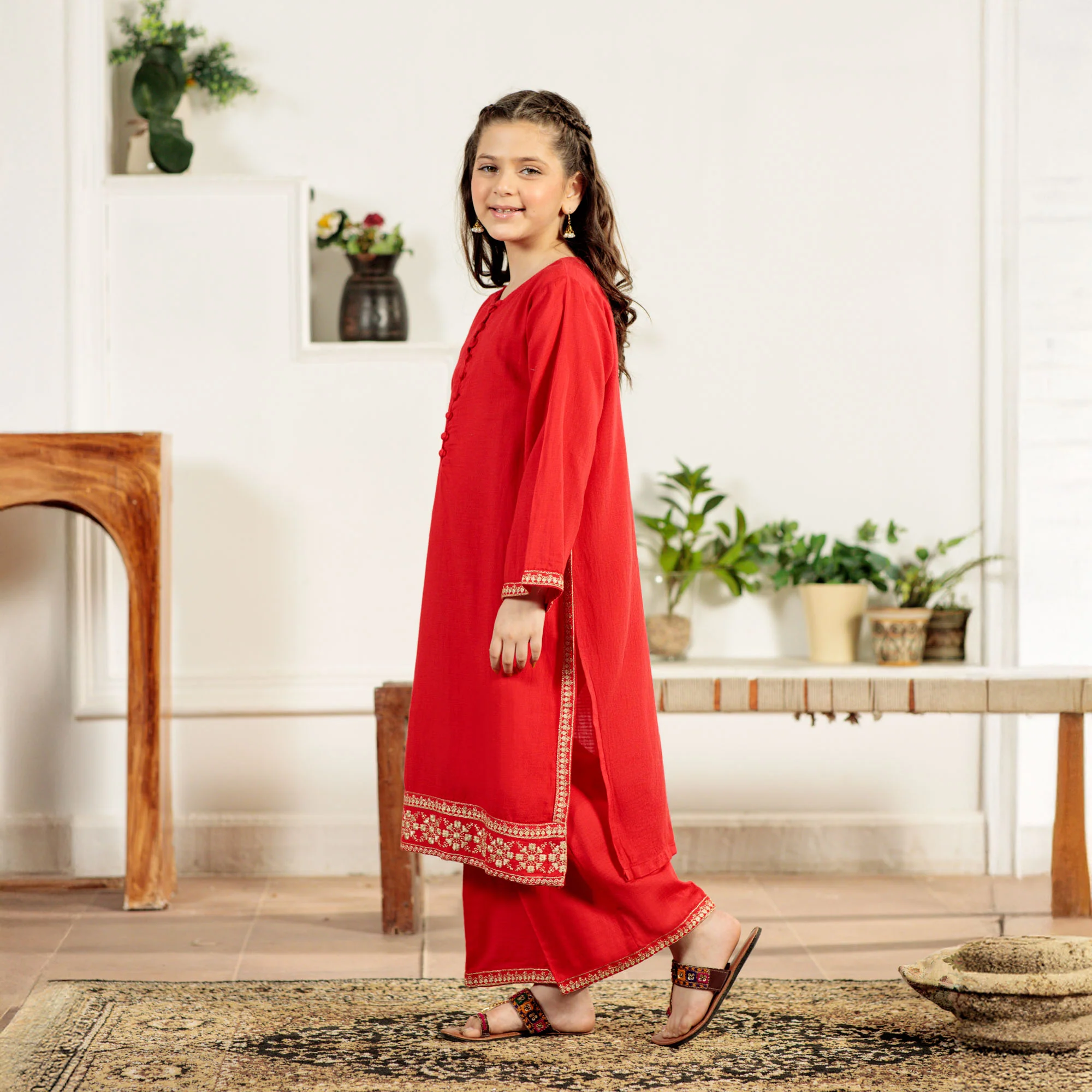 Royal Red Embroidered Border Suit - Image 2