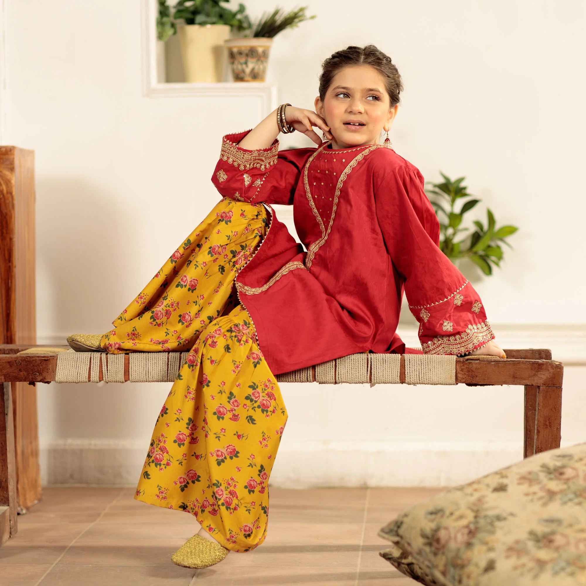 Girls Festive Red Kurti & Floral Sharara Set - Image 4