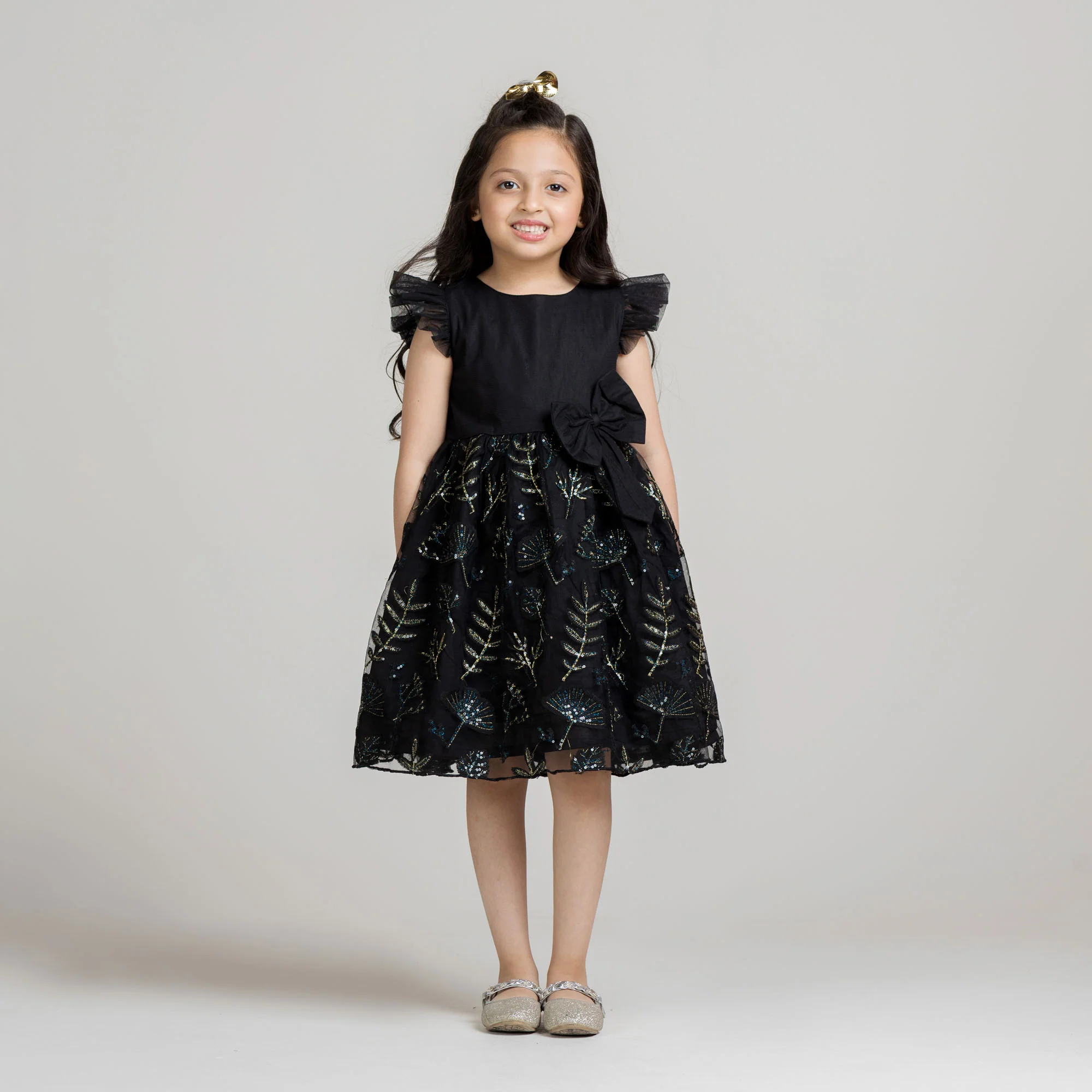 Black Sequin Leaf Embroidered Frock