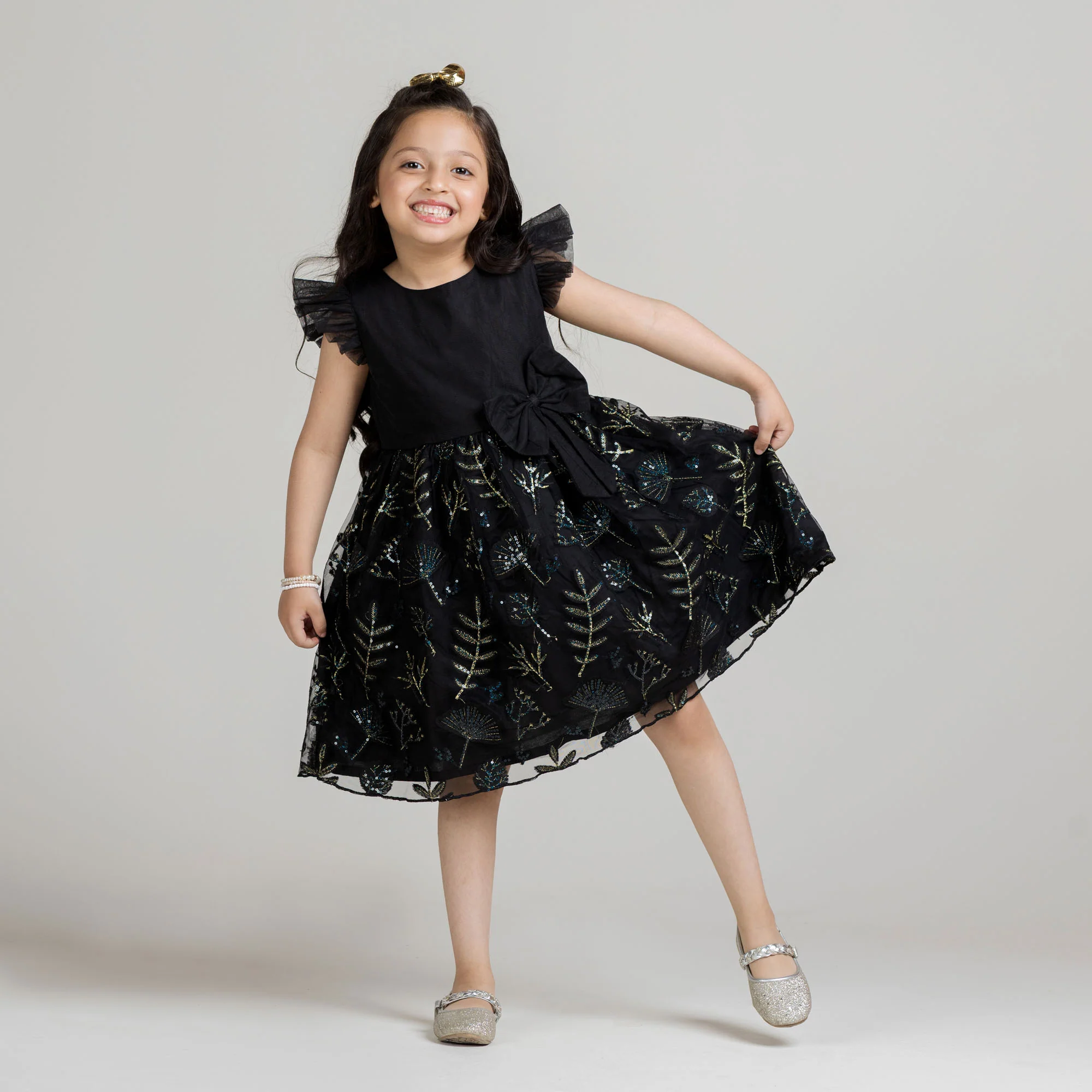 Black Sequin Leaf Embroidered Frock - Image 2