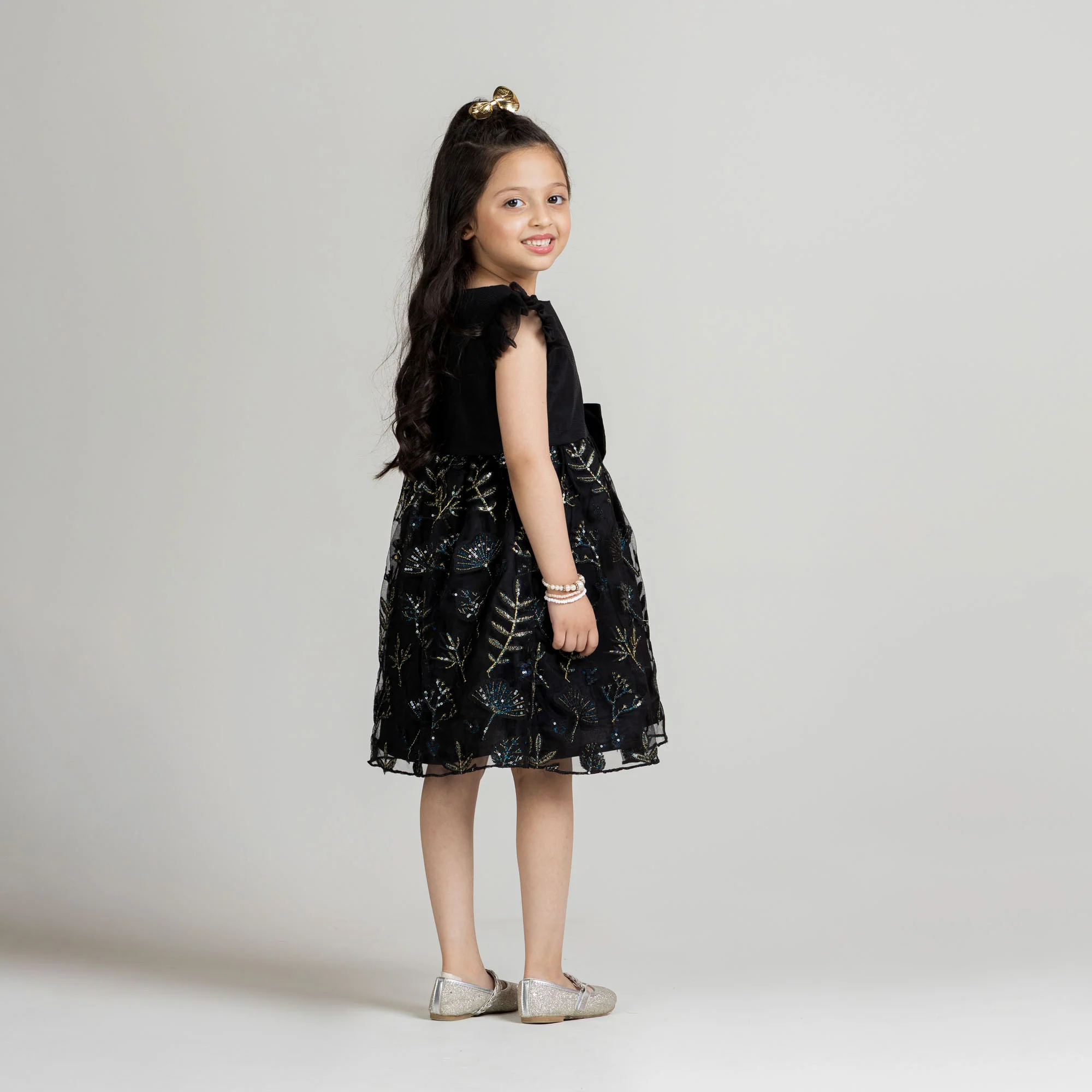 Black Sequin Leaf Embroidered Frock - Image 3