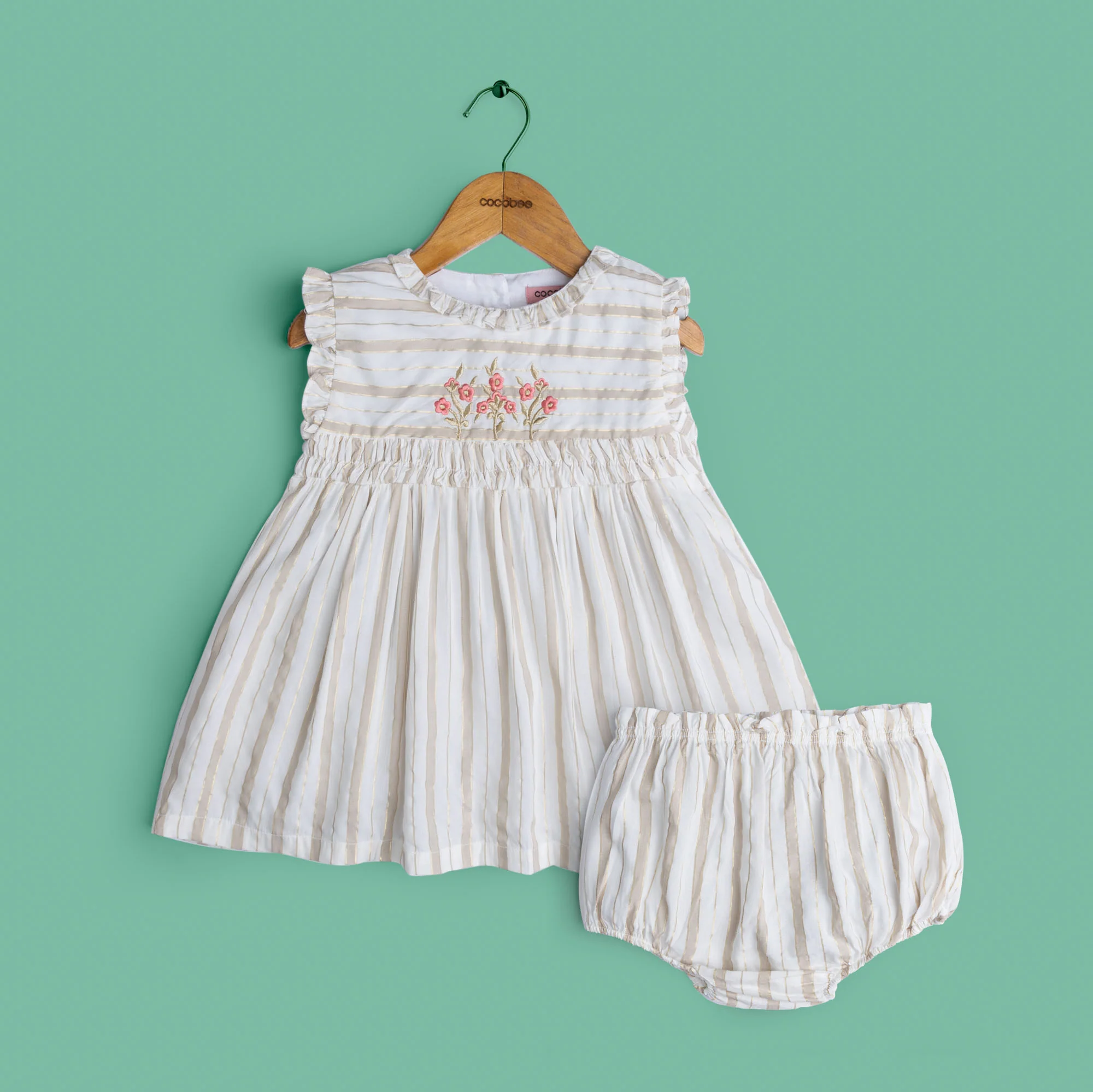 Beige Striped Embroidered Set