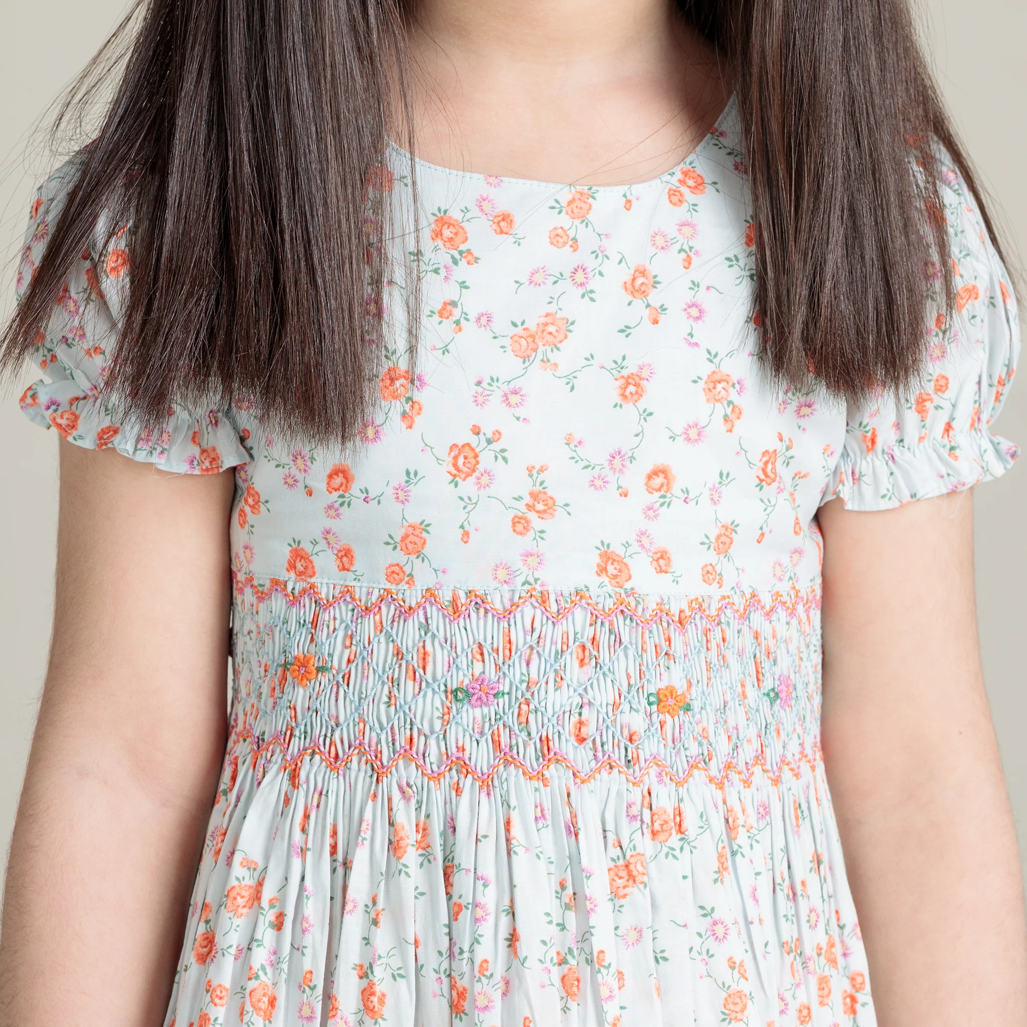 Girls Floral Print Smocked Frock - Image 5
